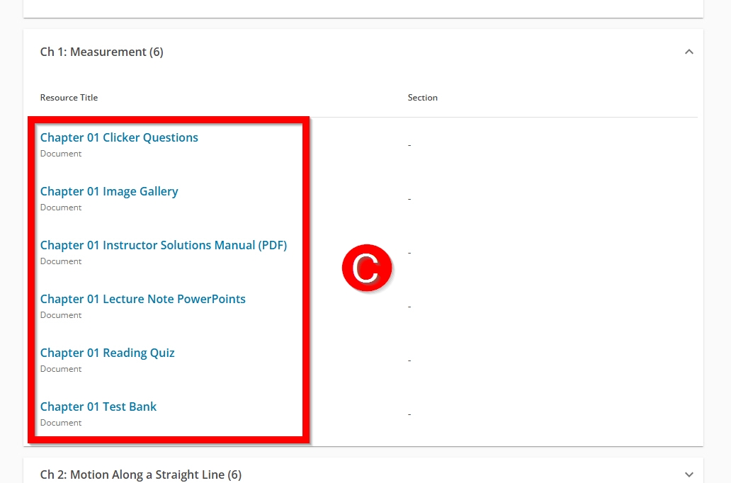 Instructor Wiley Course Resources outlined and labeled C